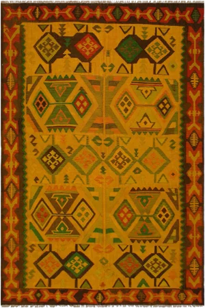 1990s Navajo Style Gold/Rust Hand-Woven Kilim Wool Rug - 8'1 X 11'3