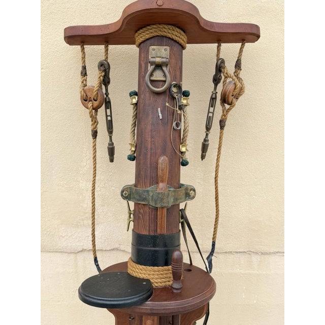 Nautical Vintage Custom Nautical Wood 95" Ship Mast Mancave Bar Island W Pulley & Ropes For Sale - Image 3 of 18