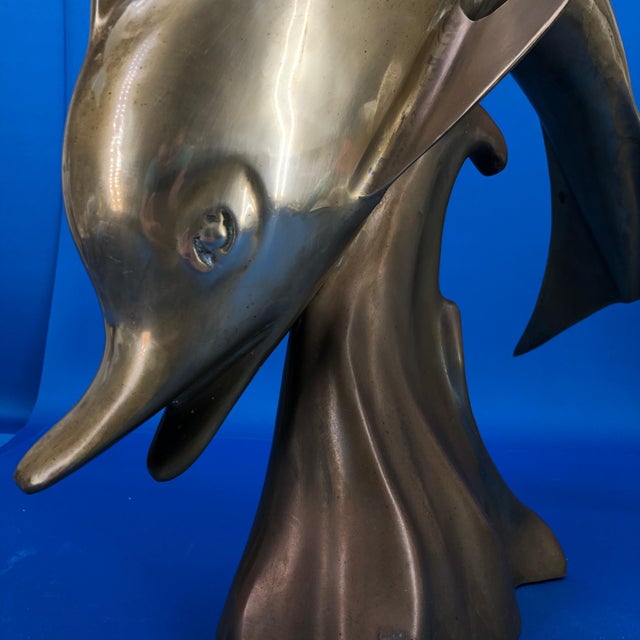 Metal Mid 20th Century Large Mid Century Brass Jumping Dolphin Sculpture For Sale - Image 7 of 9