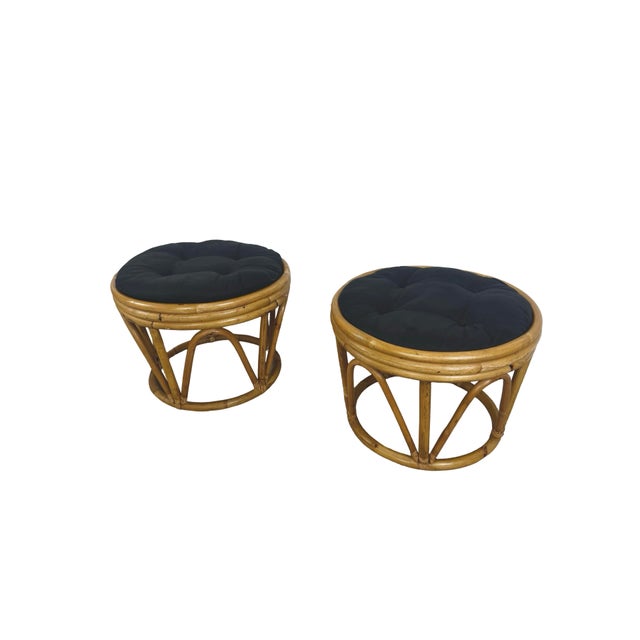 Pair of 1970s Vintage Rattan and Bamboo Round Ottoman Footstools For Sale - Image 14 of 18