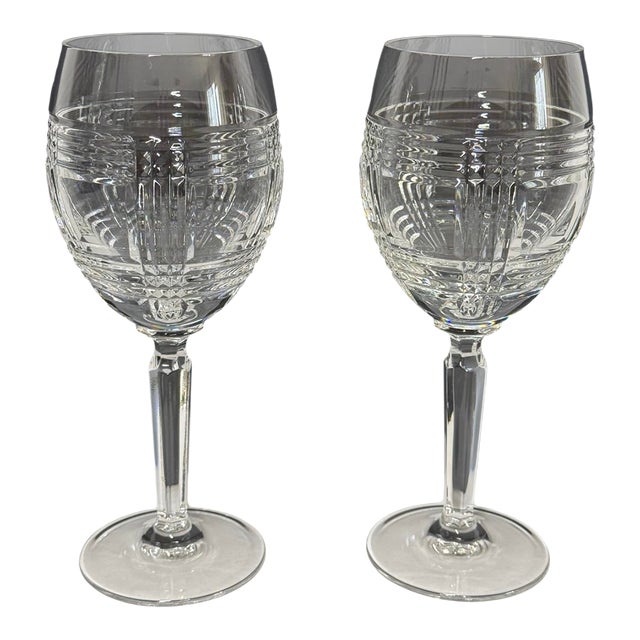 Late 20th Century Ralph Lauren Glen Plaid Crystal 8.75” Water Wine Goblets - Set of 2 For Sale