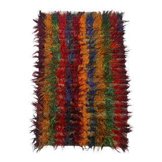 Antique Filikli Tulu Rug 3x5 – Konya Long Pile Vertical Stripes in Red, Brown, Blue & Green For Sale