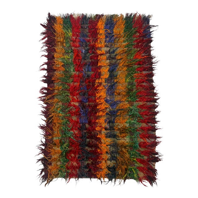 Antique Filikli Tulu Rug 3x5 – Konya Long Pile Vertical Stripes in Red, Brown, Blue & Green For Sale