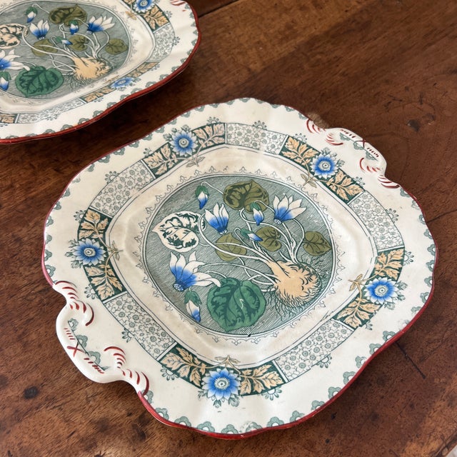 Ceramic Antique 1800s English Wedgwood Cyclamen Square Serving Plates - Set of 2 For Sale - Image 7 of 8