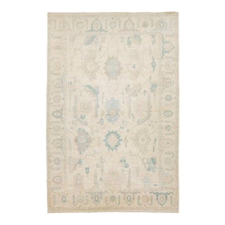 Modern Oushak Style Hand-Knotted Wool Area Rug in Neutral Beige & Soft Teal For Sale