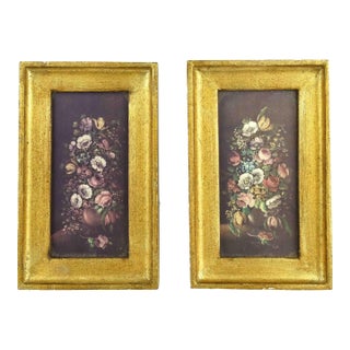 Late 20th Century Small Flemish School of Flowers Florentine Gold Framed Prints Italy - A Pair For Sale
