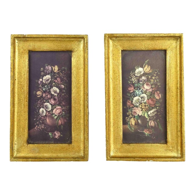 Late 20th Century Small Flemish School of Flowers Florentine Gold Framed Prints Italy - A Pair For Sale