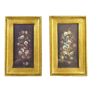 Late 20th Century Small Flemish School of Flowers Florentine Gold Framed Prints Italy - A Pair