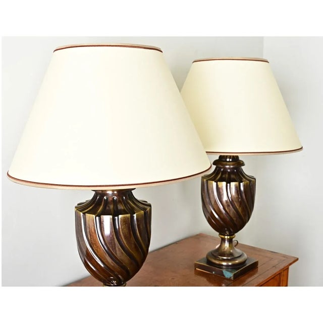 French Pair of Vintage Heavy Brass Urn Table Lamps For Sale - Image 11 of 12