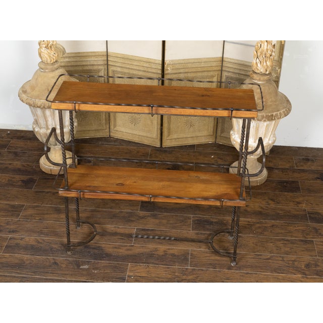 American Midcentury Metal and Wood Two-Tiered Shelving Unit with Twisted Motifs For Sale - Image 11 of 12