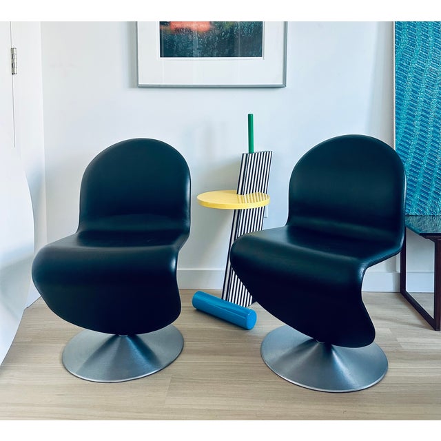 Mid-Century Modern Verner Panton System 1-2-3 Swivel Chairs Pair Black Leather - Space Age Scandinavian Vitra Eames For Sale - Image 3 of 8