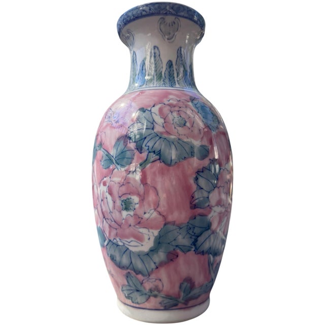 Elegant vintage Chinoiserie porcelain vase featuring a romantic palette of soft pink, blue, green, and ivory with an...