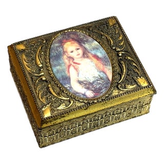 Brass Filigree Little Girl Cameo Jewelry Box For Sale