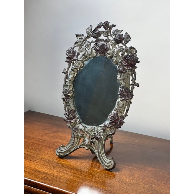 Art Nouveau Antique Art Nouveau Silvered Cast Brass Rose Vanity Dressing Mirror, Dated 1909 For Sale - Image 3 of 10