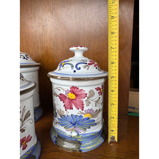 Vintage Hand-Painted Faience Floral Ceramic Canister Set – European Country Kitchen Storage (Set of 3) For Sale - Image 11 of 12