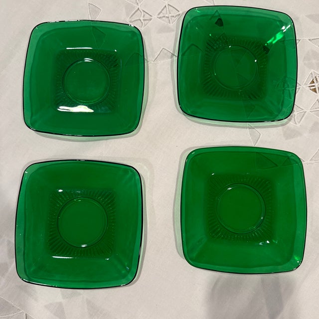 4 Anchor Hocking square Dessert plates used has some wear to forest green plates . Please look at pictures for more info...