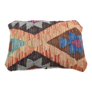 Arteverk Handwoven Afghan Kilim Lumbar Pillow — Brown & Blue Zigzag Diamonds For Sale