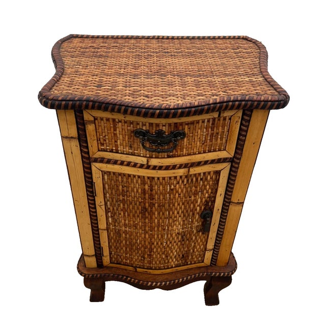 1960s Mid Century Nightstand Cabinet With Drawer Wicker and Bamboo Petite Size For Sale In Palm Springs - Image 6 of 14