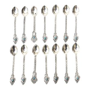 Vintage Sterling Silver and Turquoise Demitasse and Serving Spoons Set of 14