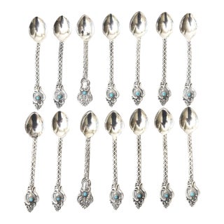 Vintage Sterling Silver and Turquoise Demitasse and Serving Spoons Set of 14, Brazil For Sale