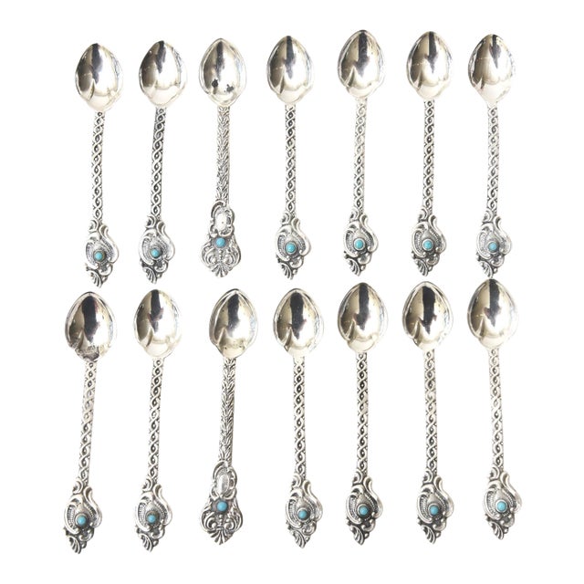 Vintage Sterling Silver and Turquoise Demitasse and Serving Spoons Set of 14, Brazil For Sale