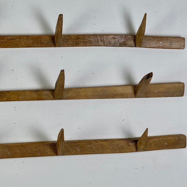 Rustic Unusual Vintage Set of 3 Wall Mounted Rustic Racks With Spike Hooks in Blond Wood For Sale - Image 3 of 11