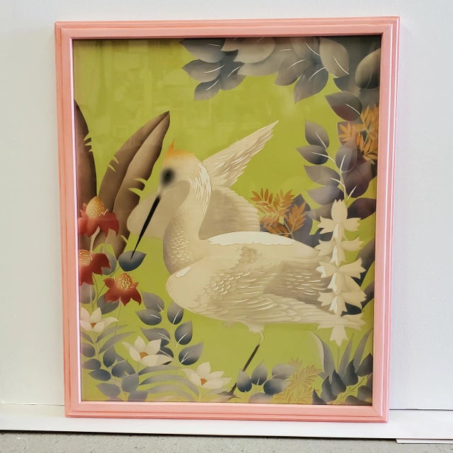 Art Deco 1940s Vintage Crane & Floral Prints, a Pair in Pink Frames For Sale - Image 3 of 13