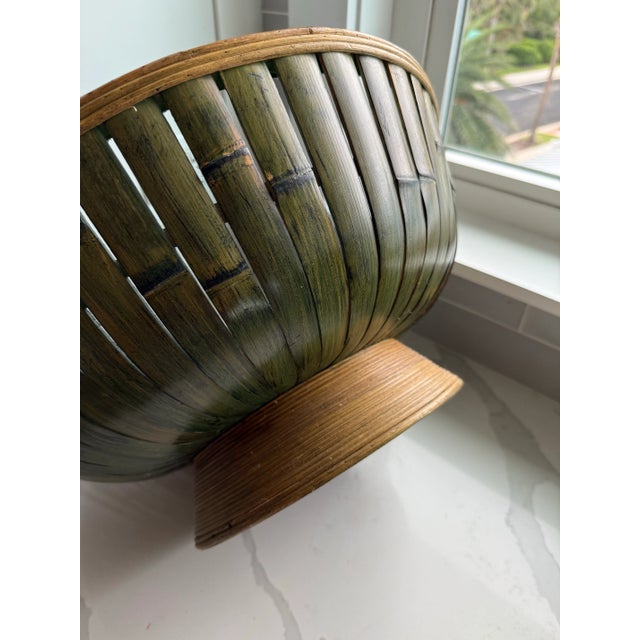 Green Large Bamboo Rattan Bowl in Natural and Green For Sale - Image 8 of 11