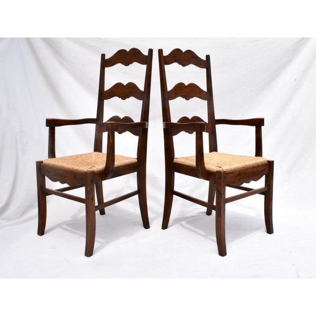 English Late 20th Century European Ladder Back Folk Rush Seat Arm Chairs For Sale - Image 3 of 11