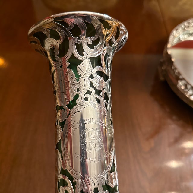 Art Nouveau glass vase with engraved 999 silver overlay, ca 1900. Trumpet form with flared lip, beautifully detailed hand...