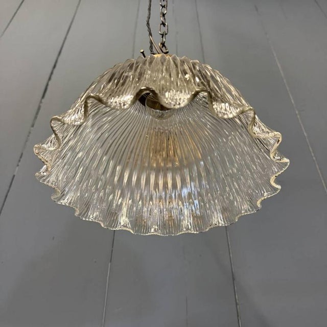 Asteroid Pressed Glass Holophane Pendant Lamp with Brass Fixture, 1920s For Sale - Image 14 of 18