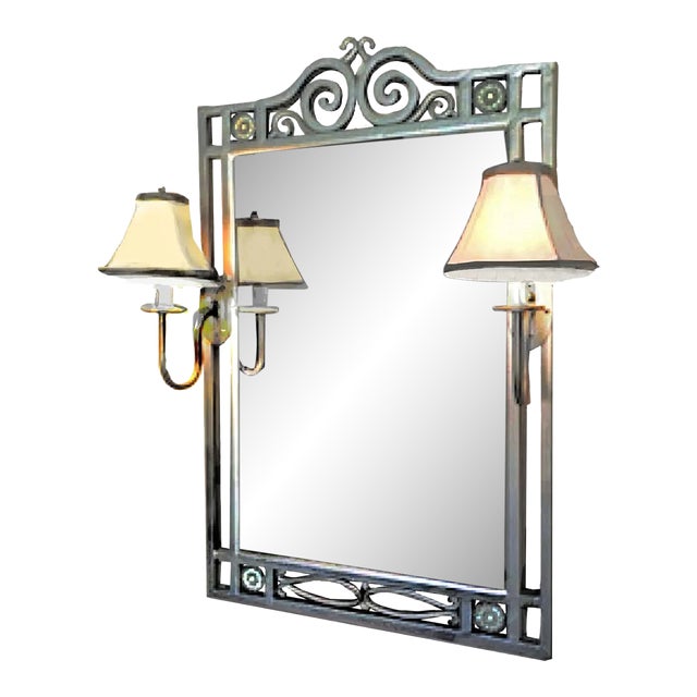 1990s Silver Gray Wrought Iron Framed Wall Mirror With Attached Flanking Sconces For Sale
