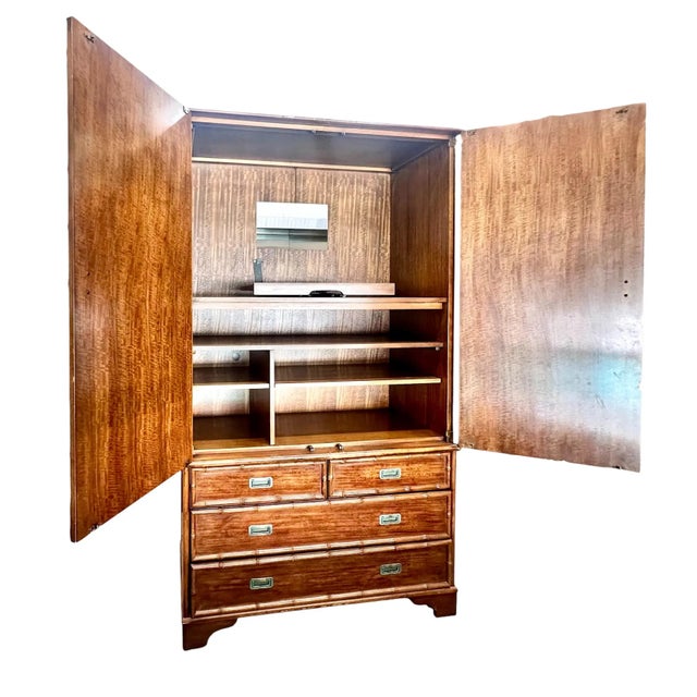 Brown 2000s Drexel Heritage Faux Bamboo Armoire Draws Doors Wood Chinoiserie Tv Cabinet Two Piece For Sale - Image 8 of 15