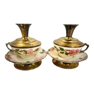 Vintage Franciscan Ware Desert Rose Set of 2 Brass Candle Holders Rare 6” T For Sale