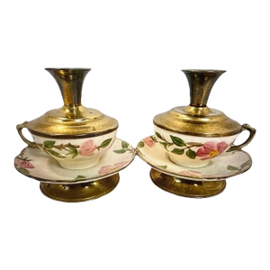 Vintage Franciscan Ware Desert Rose Set of 2 Brass Candle Holders Rare 6” T