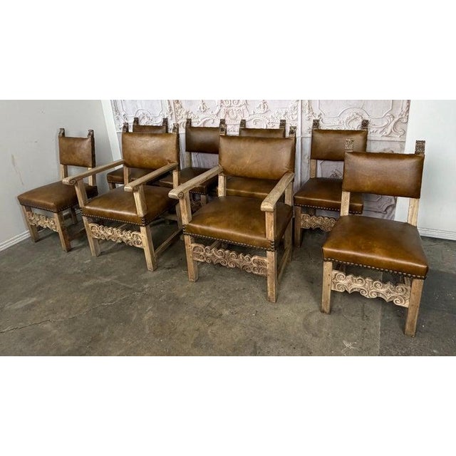 Mid 20th Century Set of Eight Spanish Colonial Leather Dining Chairs For Sale - Image 5 of 15