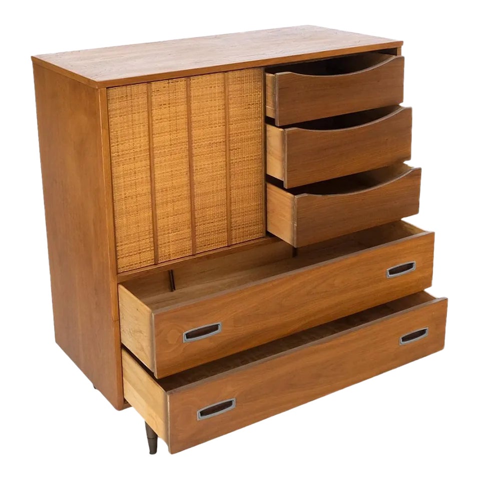 Light American Walnut 8 Drawers High Chest Dresser Cane Sliding Door