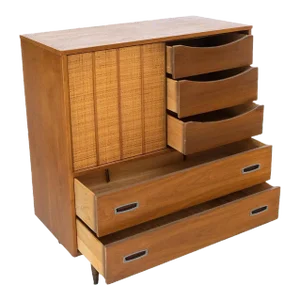 Light American Walnut 8 Drawers High Chest Dresser Cane Sliding Door Compartment