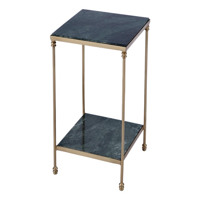 Larkin 11.5 in. W Square Indoor Marble and Iron Side Table with Lower Open Shelf, Green Marble For Sale