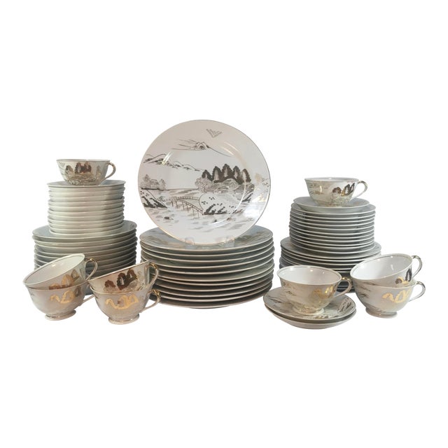 1950s Kutani Japanese Lithophane Meijyo Dinnerware Service for 10 59