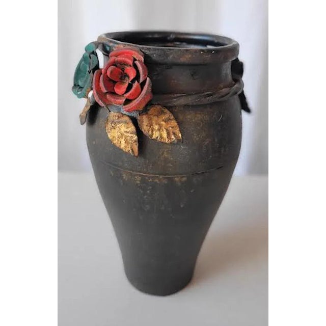 Beautiful Vintage Rustic Metal Vase with Metal Painted Flowers. Vase was probably hand made and hand painted. Great Rustic...