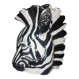 Vintage 1970s Hollywood Regency Zebra Head Vase Ceramic Planter Fitz Floyd Style For Sale
