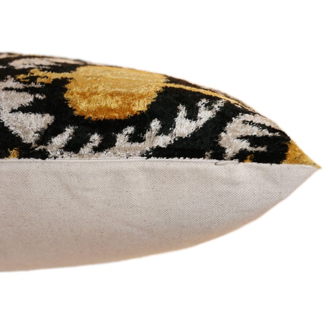 Mid-Century Modern Luxury Black and Gold Silk Velvet Ikat Lumbar Pillow 16x24 Inch With Down Insert For Sale - Image 3 of 8