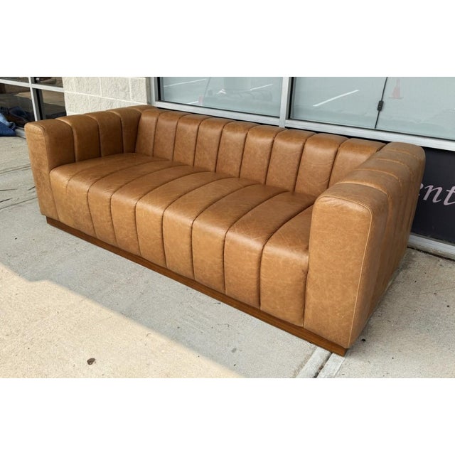 CB2 Cb2 Forte 81-Inch Channeled Saddle Leather Sofa With Walnut Base For Sale - Image 4 of 16