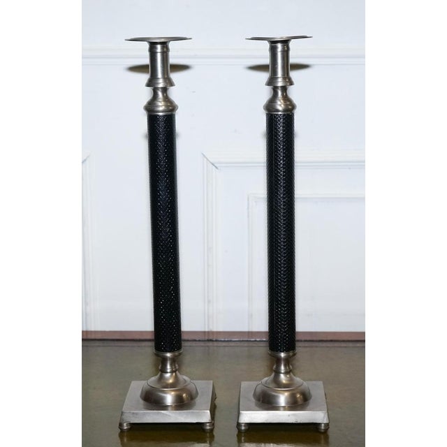 Silver Stainless Steel & Black Candleholders in the style of Ralph Lauren, Set of 2 For Sale - Image 3 of 11