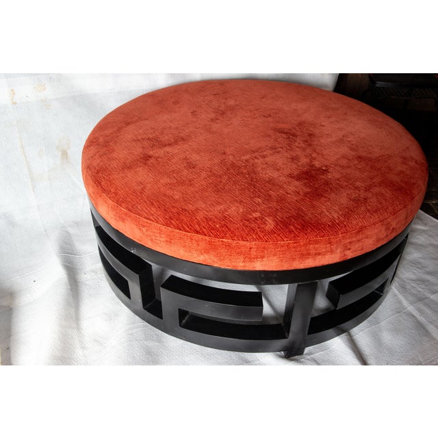 Greek Key Round Ottoman, Wood Base, Orange-Red Velvet, 1980s For Sale - Image 11 of 13