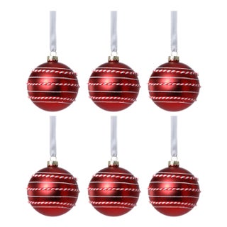Matte Ball Ornaments with White & Red Rope, Set of 6, Red, 3.25" For Sale