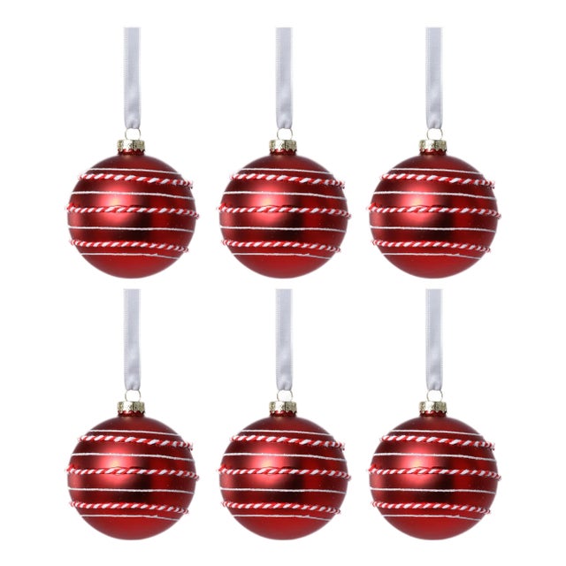 Matte Ball Ornaments with White & Red Rope, Set of 6, Red, 3.25" For Sale