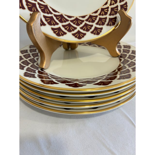 Burgundy Vintage Pickard Fine China Salad Plates, Set of 8, Burgundy & Gold Fan Pattern For Sale - Image 8 of 11