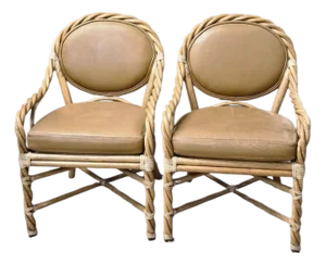 Pair of Vintage Rattan Dining Chairs With Braided Details and Leather-Wrapped Frames Attributed to McGuire